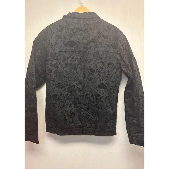 Saint Morta Button Front Sherpa Jacket Mens Black Paisley Skulls Pockets Large